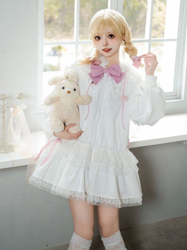 Frill Long Bunny Ears Big Ribbon Hooded Girly Dress WIT0001