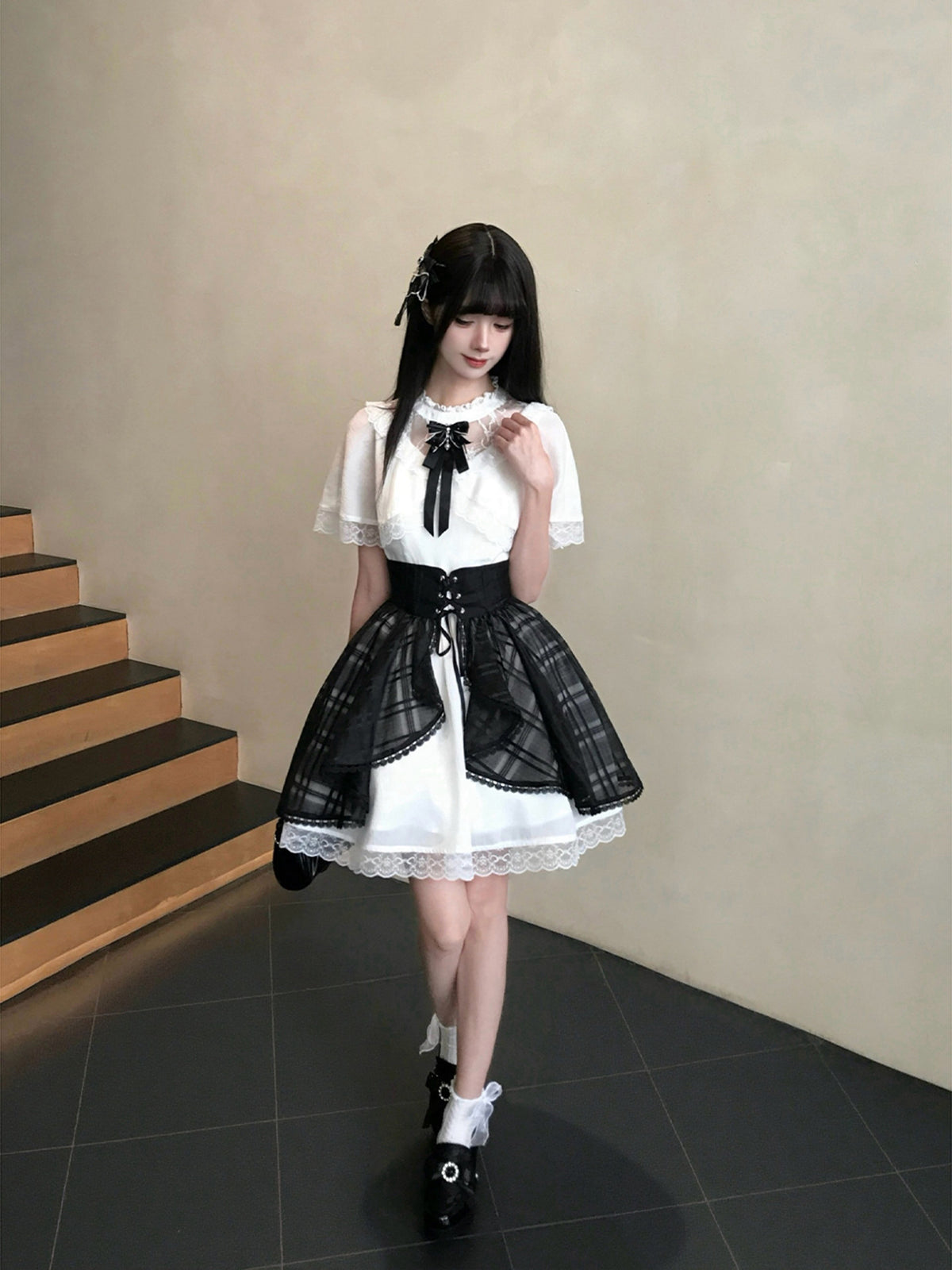 Puff Sleeve Lace Trim Plaid Overskirt Dress LAL0218