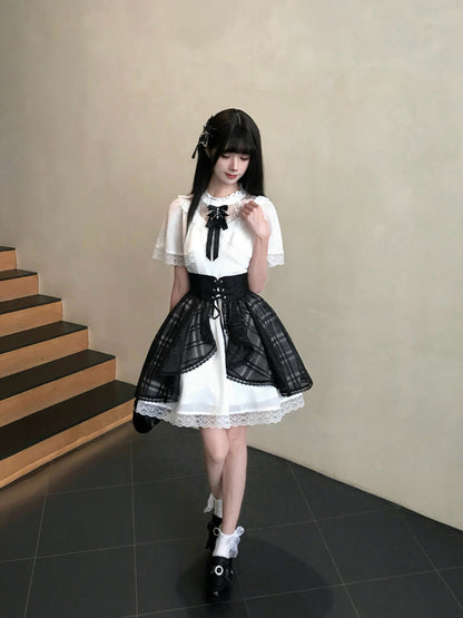 Puff Sleeve Lace Trim Plaid Overskirt Dress LAL0218