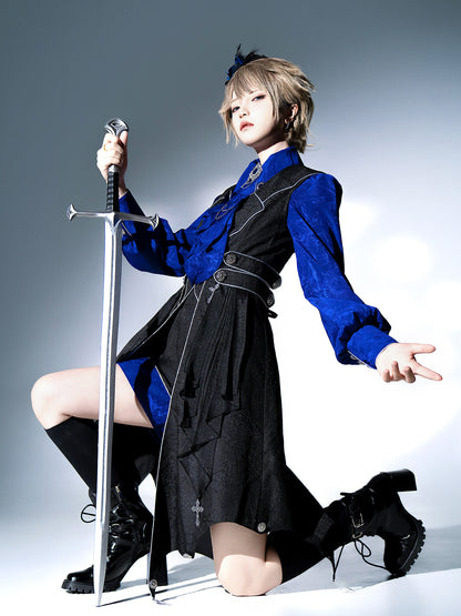 Gothic Knight Blue Shirt Vest And Shorts Set YOU0259