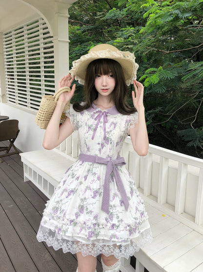 Grape Floral Doll Collar Lace Hem Dress LAL0228