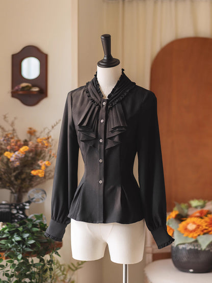 Vintage Ruffled Bow Collar Waist Shirt FOR0079