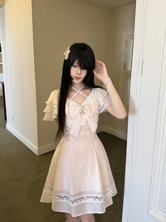 Pink Crisscross Ruffle Cape Sleeve Dress LAL0186