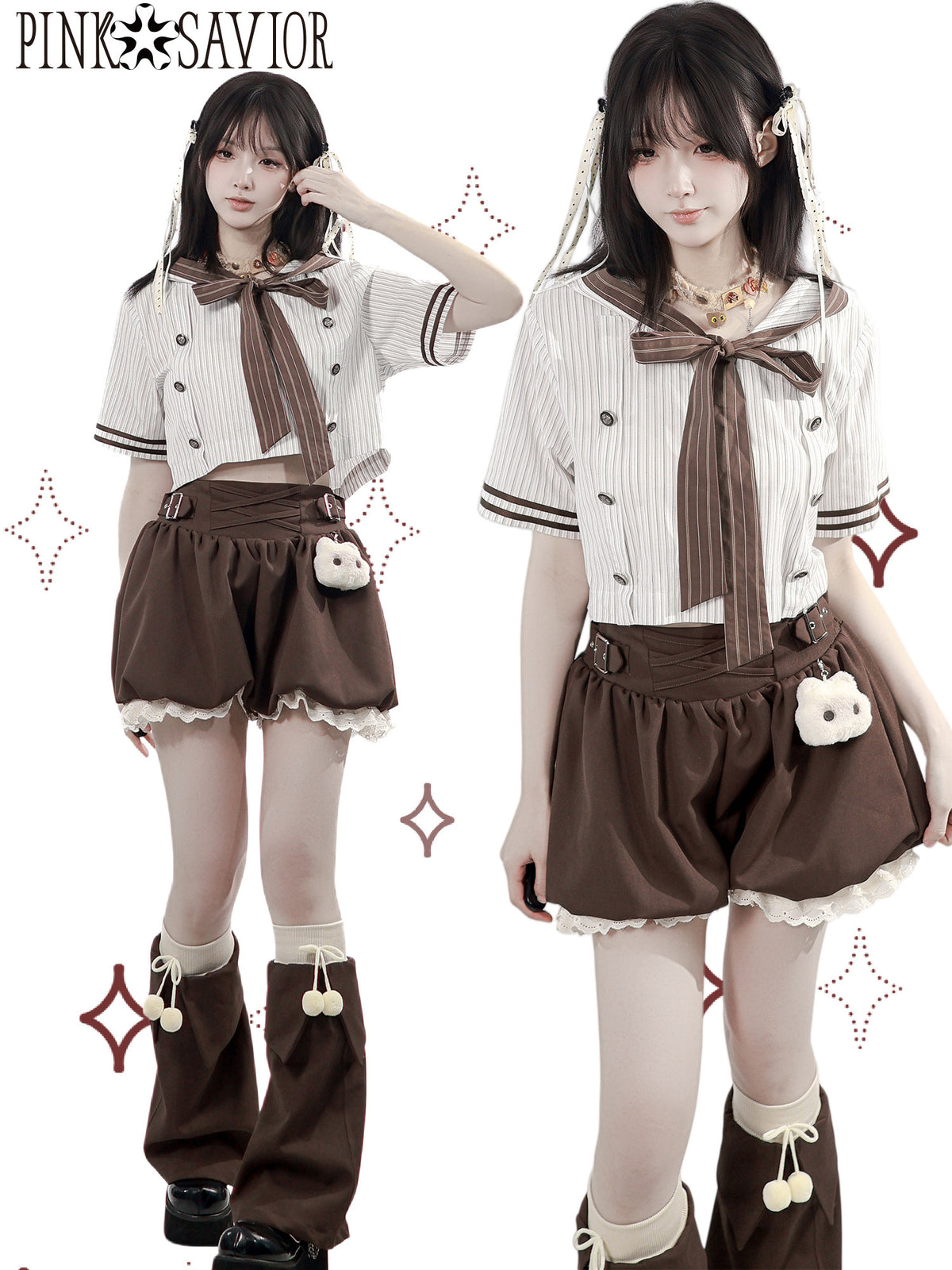 Sailor Collar Striped Shirt And Bloomer Skirt PIN0043