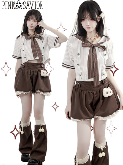 Sailor Collar Striped Shirt And Bloomer Skirt PIN0043