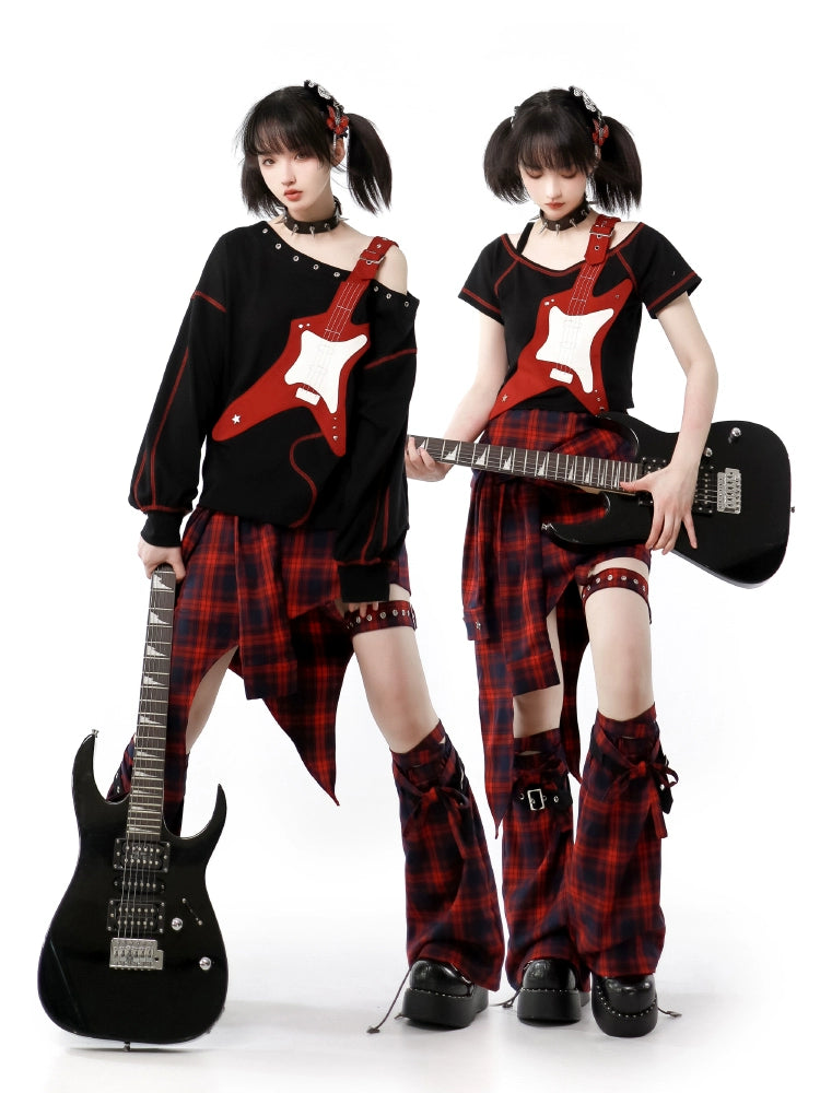 Guitar Style Off-shoulder shirt & Check skirt PIN0018