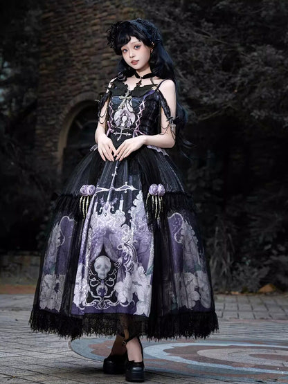 Black Gothic Off-Shoulder Skull Print Lolita Dress YOU0309