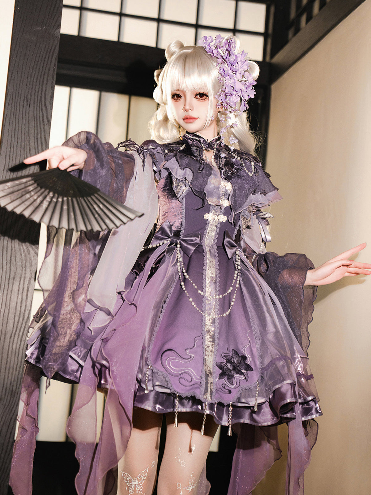 Chinese Style Gothic Lolita Ruffled Chiffon Dress Set YOU0267