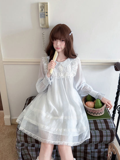 Doll Collar Lace Trim Babydoll Dress LAL0149