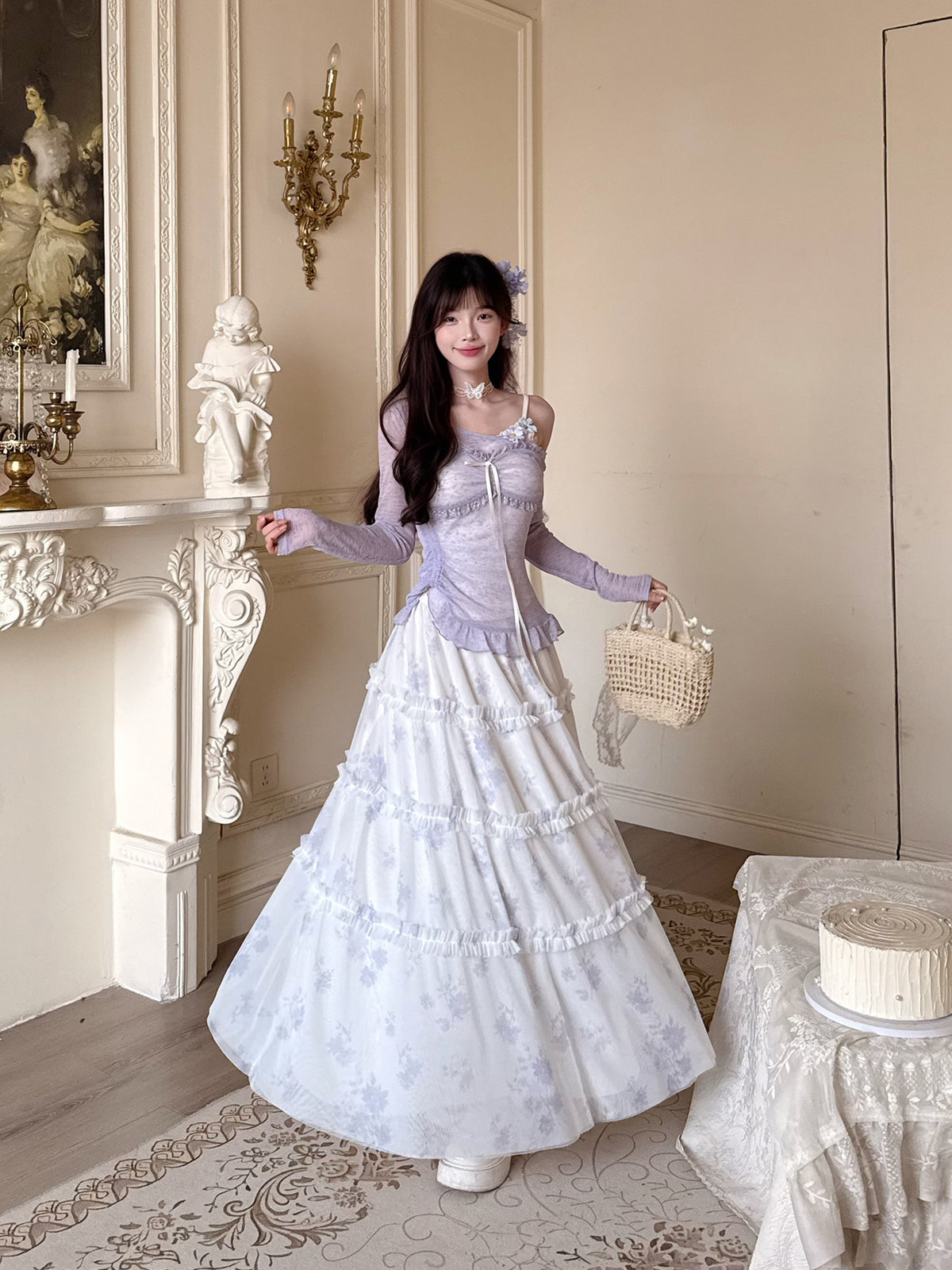 Floral Lace Cardigan Tiered Skirt Set BEL0016