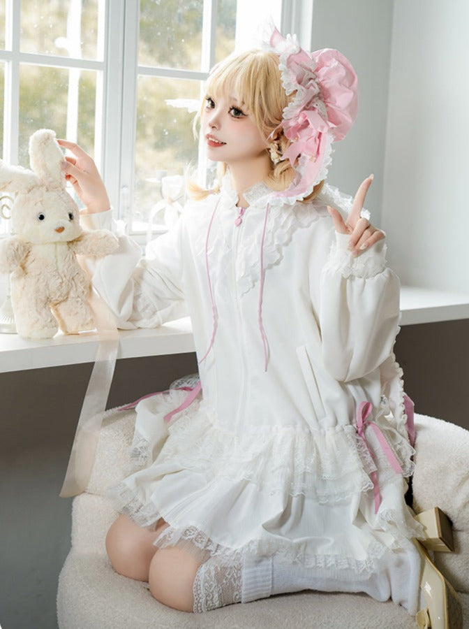 Frill Long Bunny Ears Big Ribbon Hooded Girly Dress WIT0001