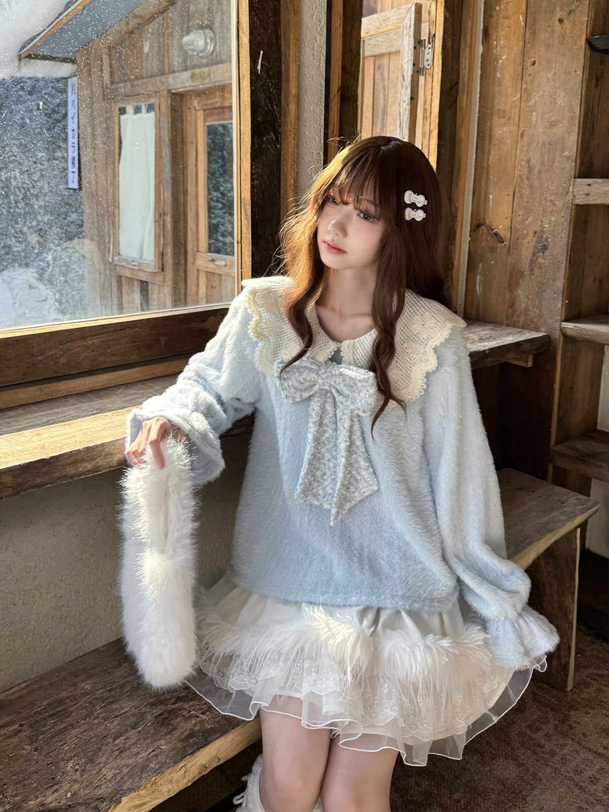 Fluffy Lace Collar Knit Sweater With Tiered Skirt LAL0154