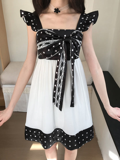 Polka Dot Bow Tie Pleated Dress LAL0193