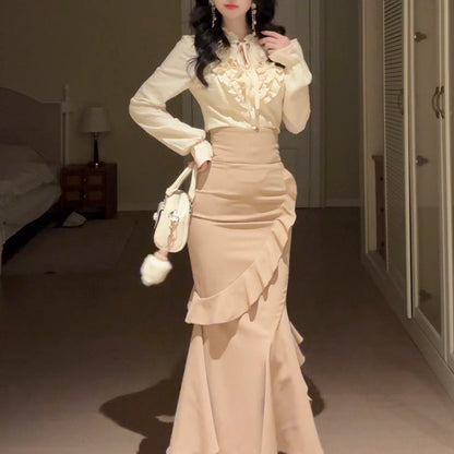 Ruffle Collar Blouse High Waist Mermaid Skirt Set BEL0023