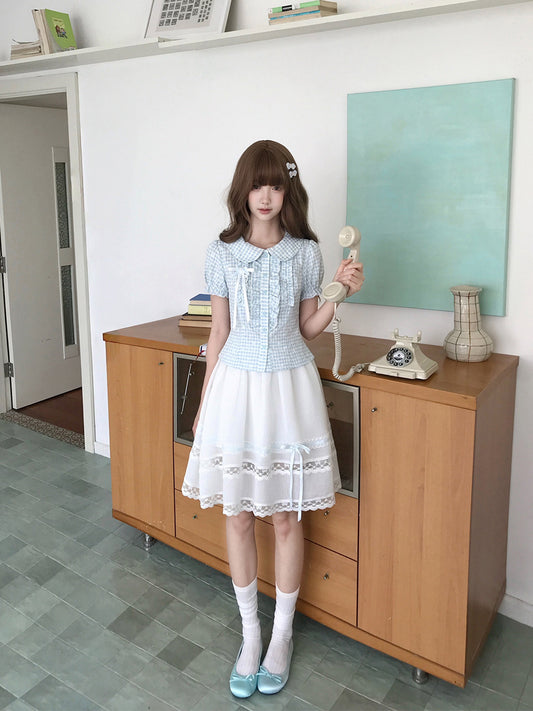 Blue White Gingham Doll Collar Blouse LAL0206