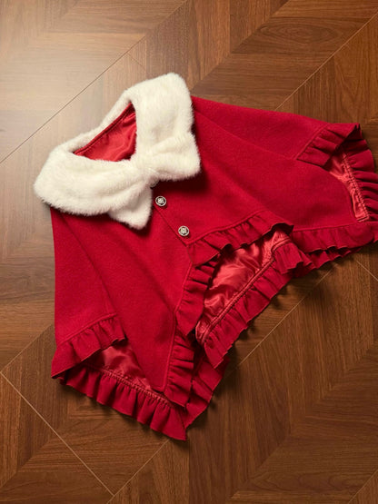 Fur Collar Cape Ribbon Dress Set LAL0253