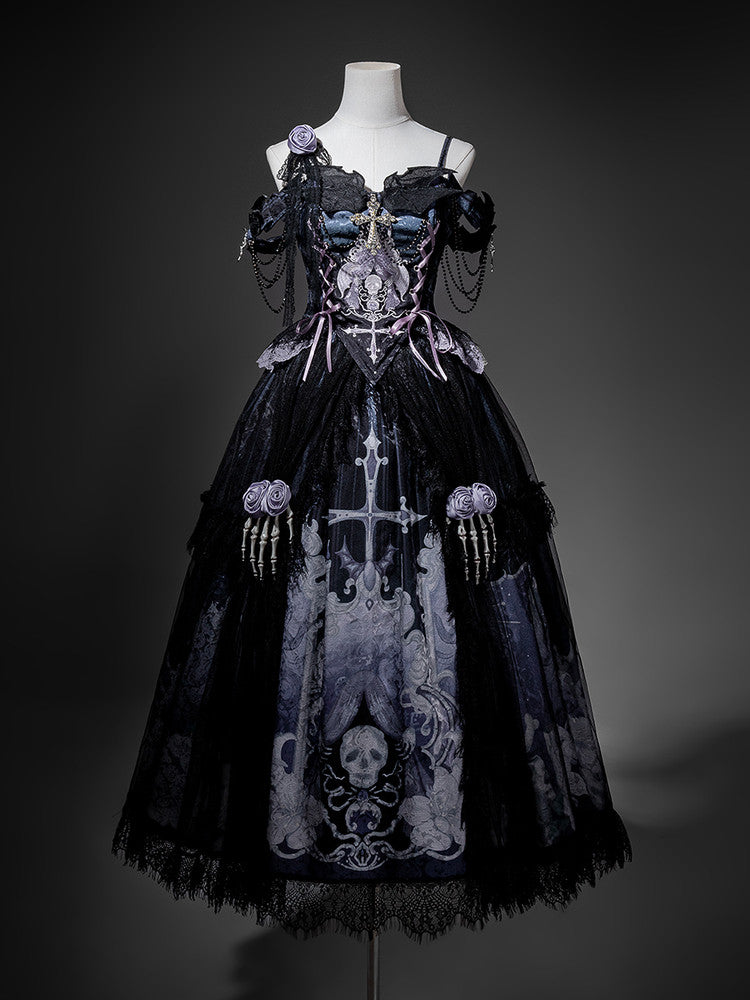 Black Gothic Off-Shoulder Skull Print Lolita Dress YOU0309