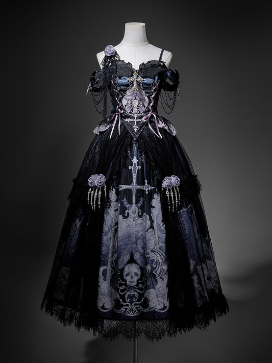 Black Gothic Off-Shoulder Skull Print Lolita Dress YOU0309