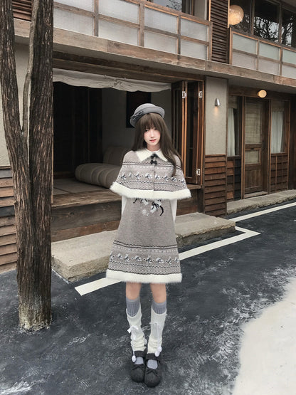 Rabbit Fleece Knit Dress With Removable Cape LAL0139