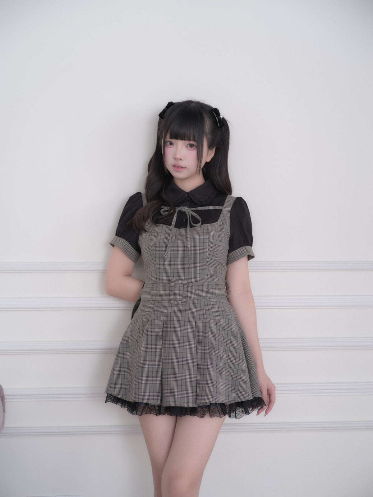 Collared Plaid Pleated Pinafore Dress NOG0030