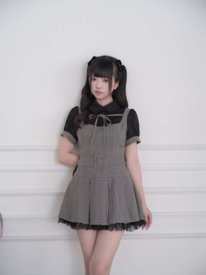 Collared Plaid Pleated Pinafore Dress NOG0030