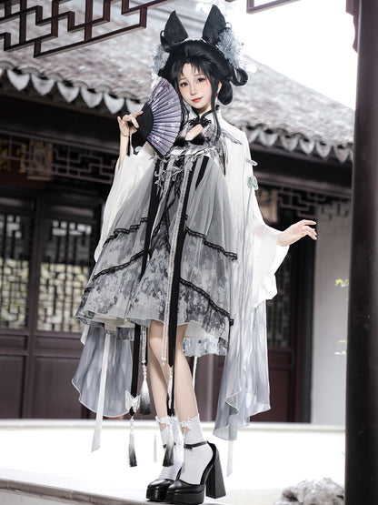 Chinese Style Ombre Bird Print Cape Dress YOU0230