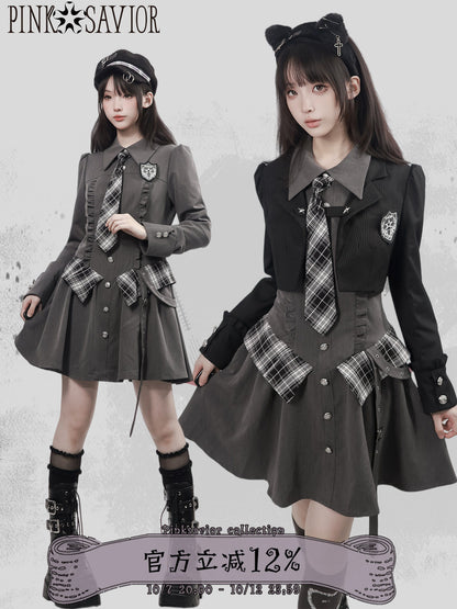 Plaid Tie Long Sleeve Shirt Dress PIN0061