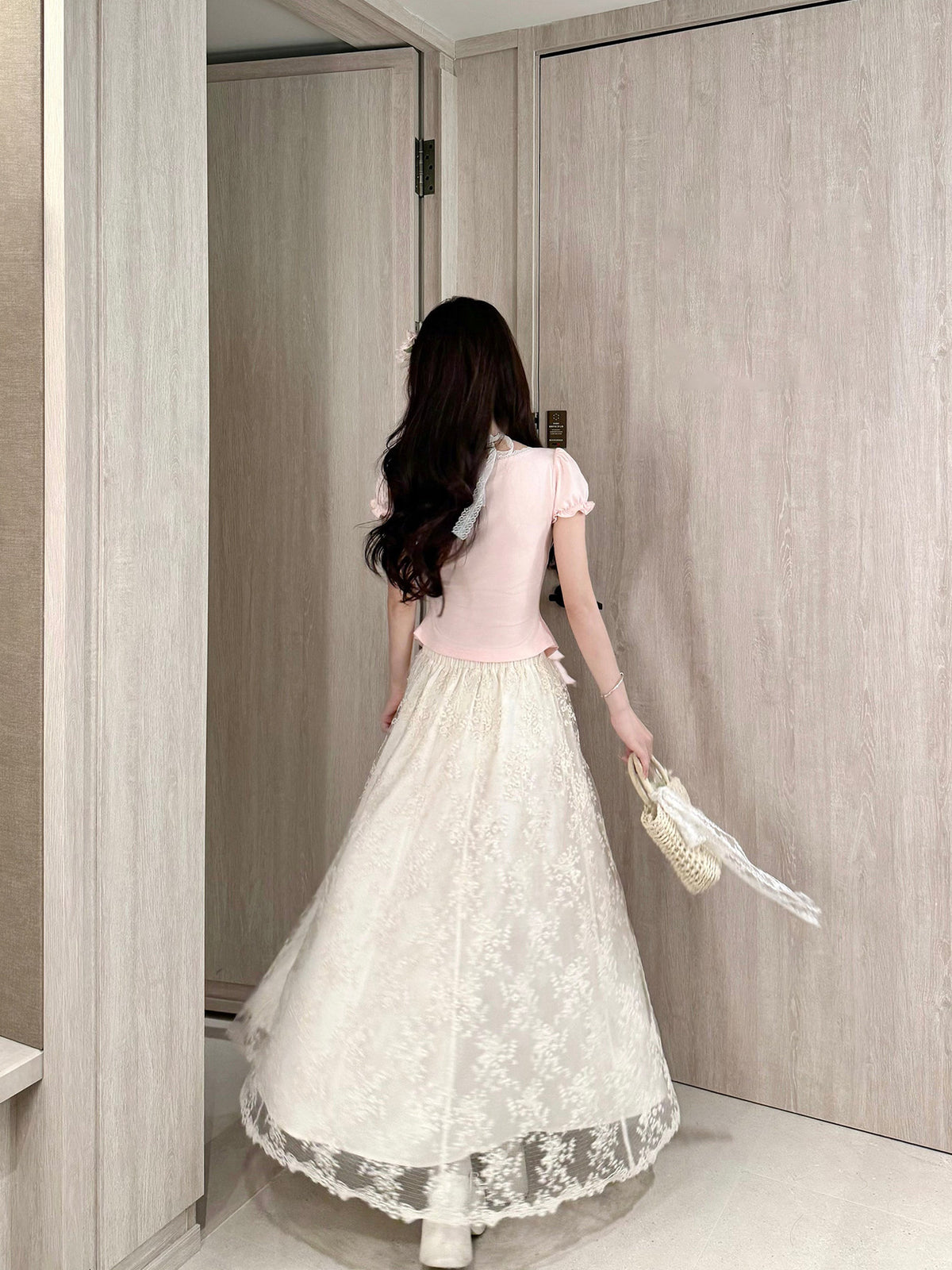 Puff Sleeve Ribbon Lace Skirt Set BEL0034