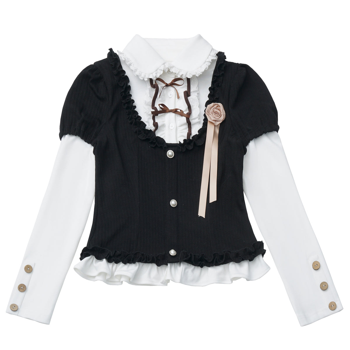 Puff-Sleeve Faux Two-Piece Knit Top And Tiered Skirt Set PIN0024