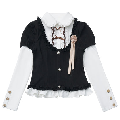 Puff-Sleeve Faux Two-Piece Knit Top And Tiered Skirt Set PIN0024