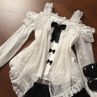 Off Shoulder Sheer Lace Blouse With Bow Trim LAL0128