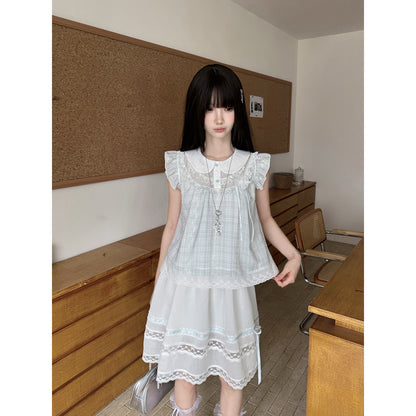 Doll Collar Flutter Sleeve Gingham Check Blouse LAL0224