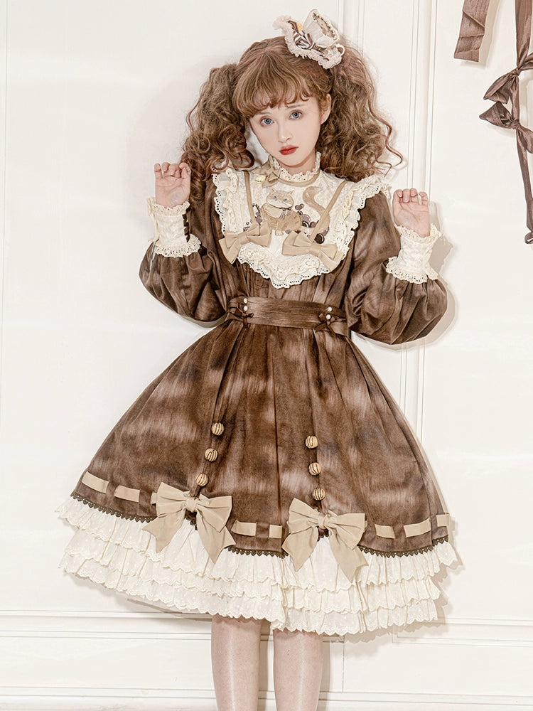 Cat Print Sweet Brown Lolita Dress YOU0012