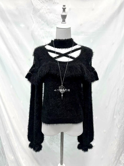 Fur Cross-Back Lace-Up Sweater UND0033