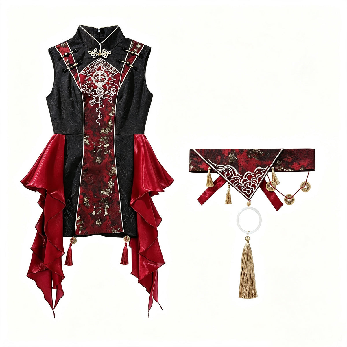 Black Red Dragon Embroidered China Style Set YOU0276