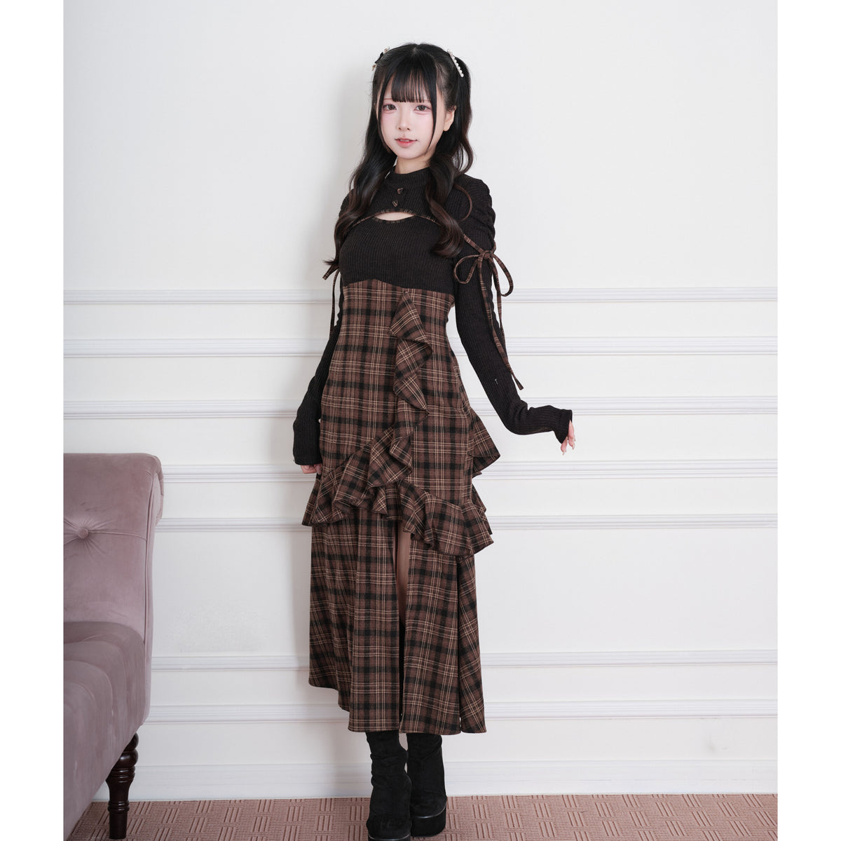 Knit Check Patchwork Long Dress NOG0023