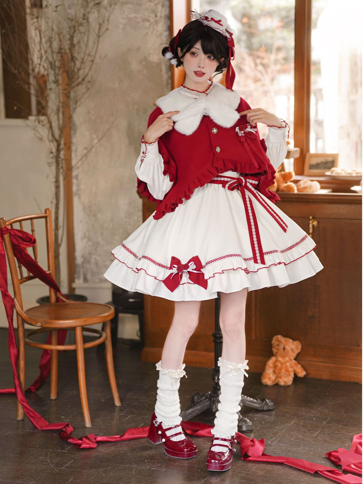 Fur Collar Cape Ribbon Bow Dress LAL0169