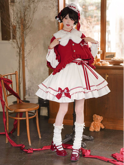 Fur Collar Cape Ribbon Bow Dress LAL0169
