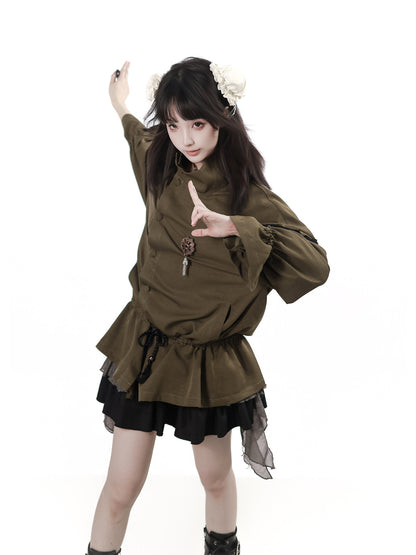 Chinese Style Asymmetric Button Tassel Coat PIN0057