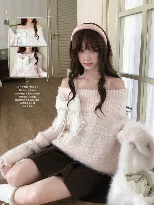 Off Shoulder Fuzzy Knit Bow Sweater LAL0238