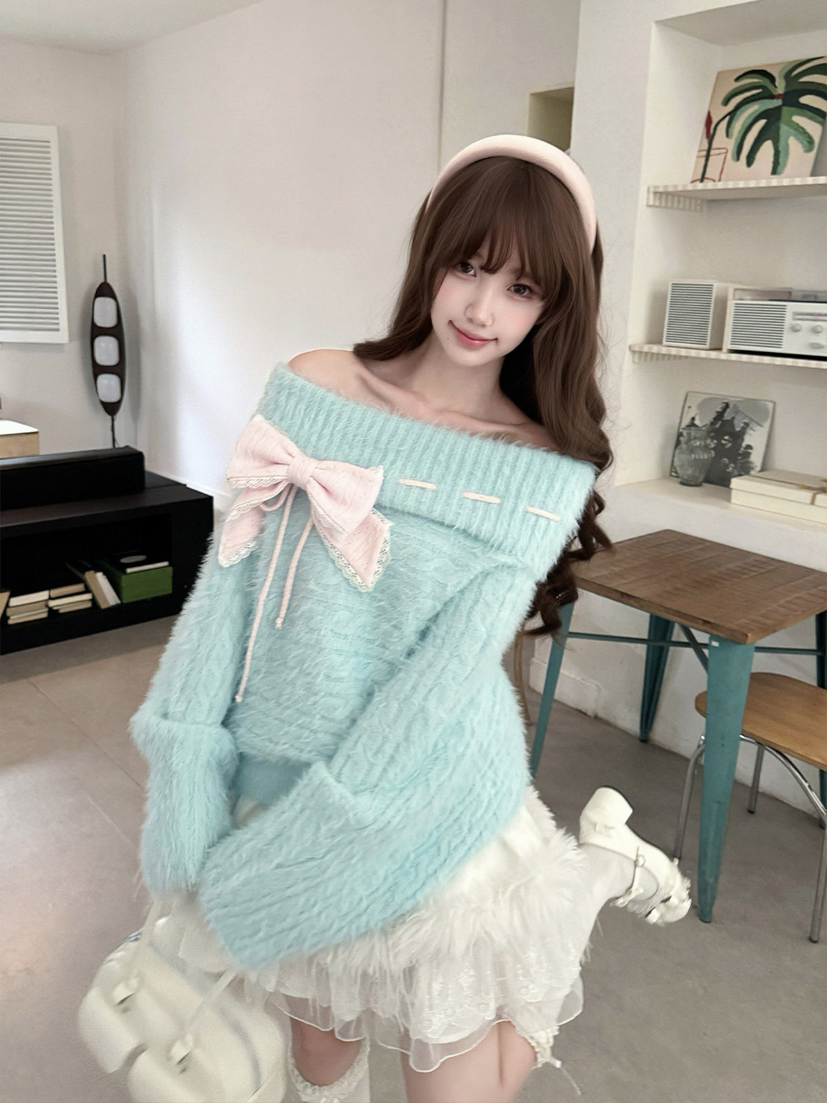 Off Shoulder Fuzzy Knit Bow Sweater LAL0238