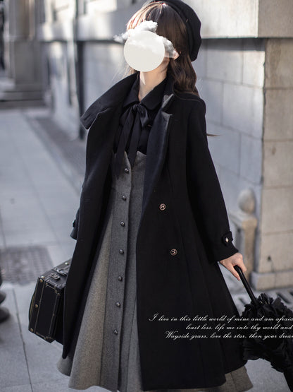 Elegant Double Breasted Black Wool Coat HUT0033