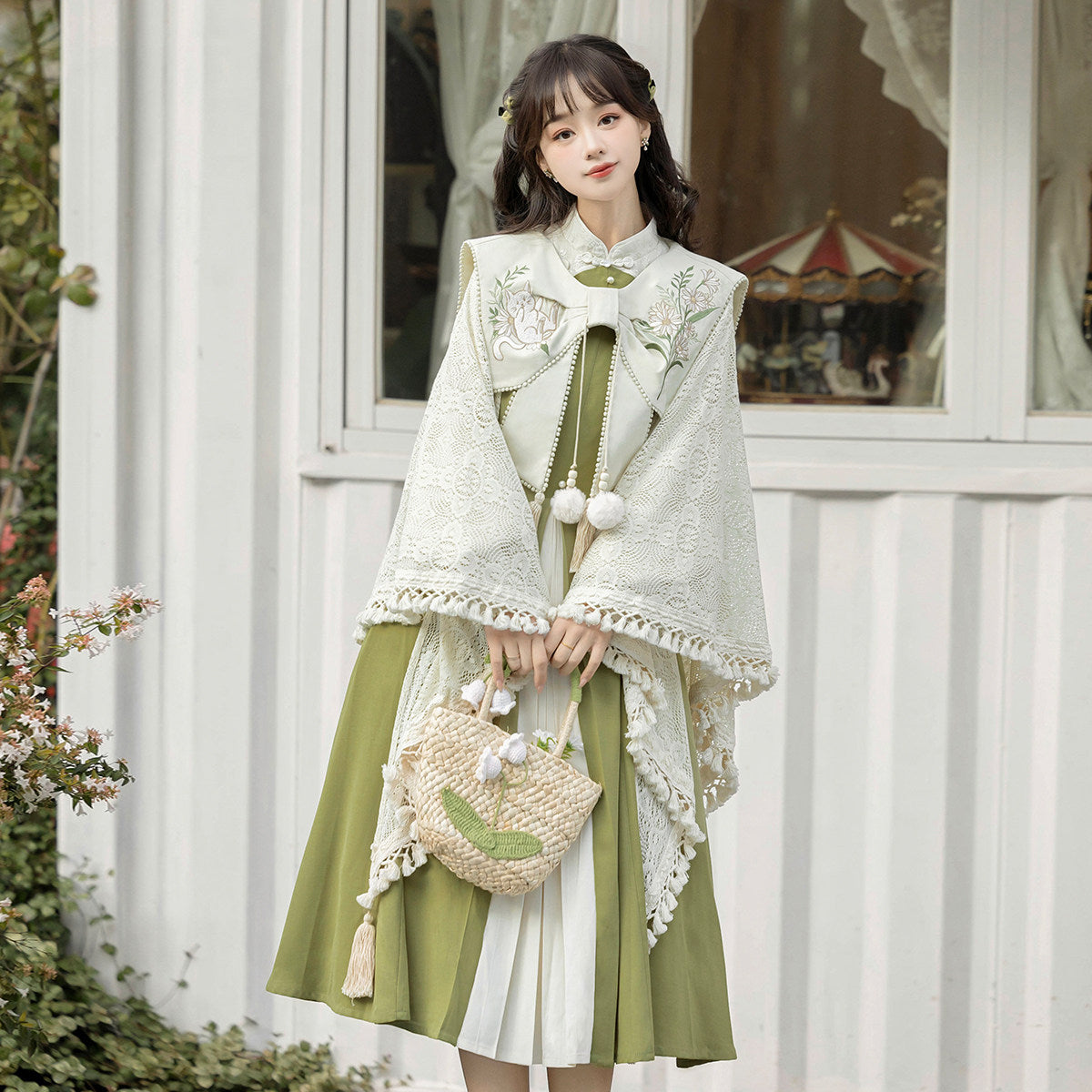 Chinese Style Lace Cape Pleated Midi Dress Set YOU0326