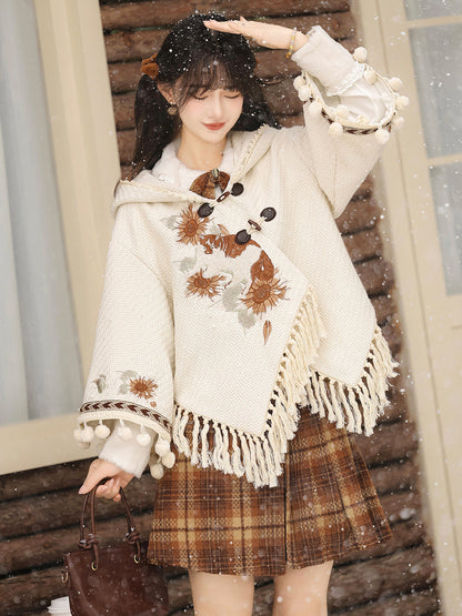Floral Hooded Fringe Cape And Plaid Skirt Set YOU0256