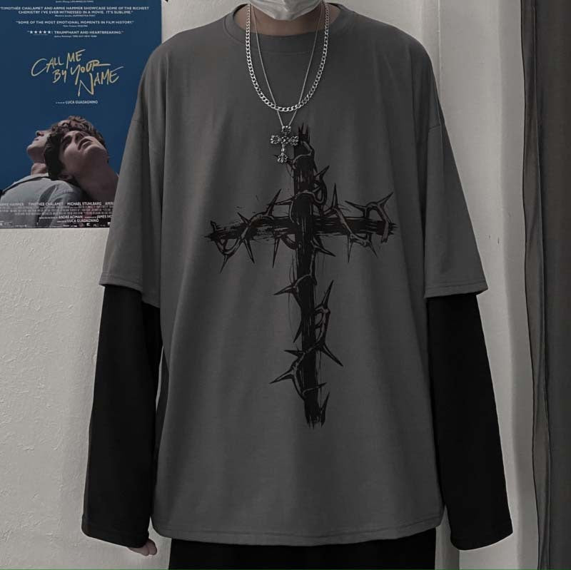 ダークなヒップホップクロスプリントのフェイクツーピース長袖Tシャツ、トレンディなトップINSのゆったりしたクルーネックTシャツ
