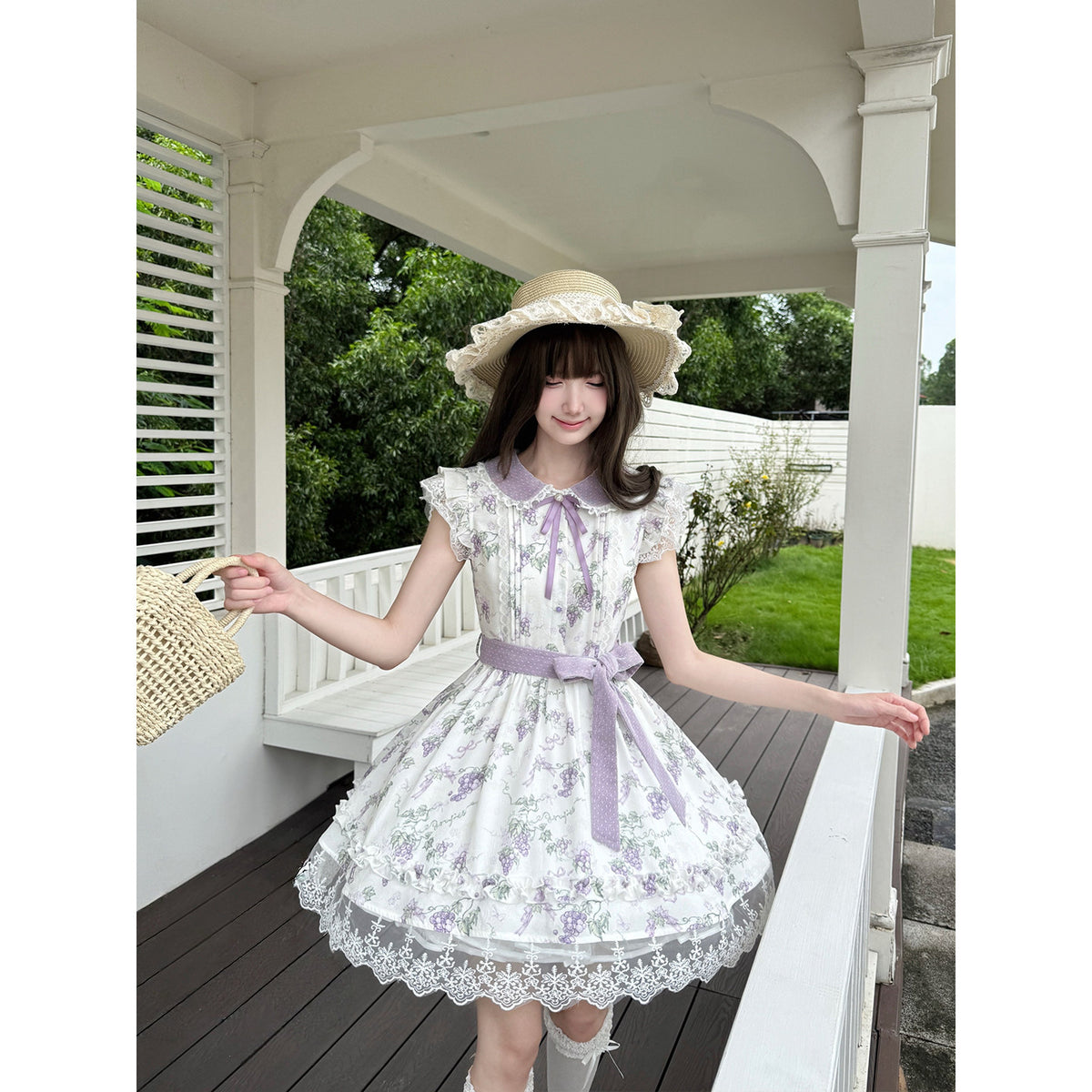 Grape Floral Doll Collar Lace Hem Dress LAL0228