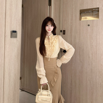 Ruffle Collar Blouse Fishtail Maxi Skirt Set BEL0041