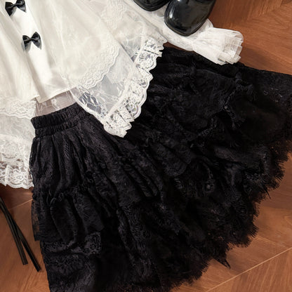 Off Shoulder Sheer Lace Blouse With Bow Trim LAL0128