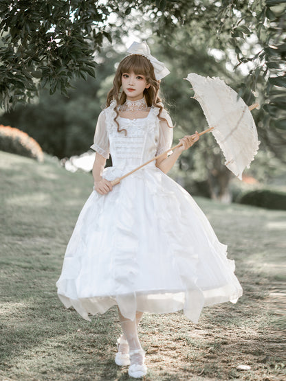 White Lace Satin Mid-Length Princess Line Dress WIT0220