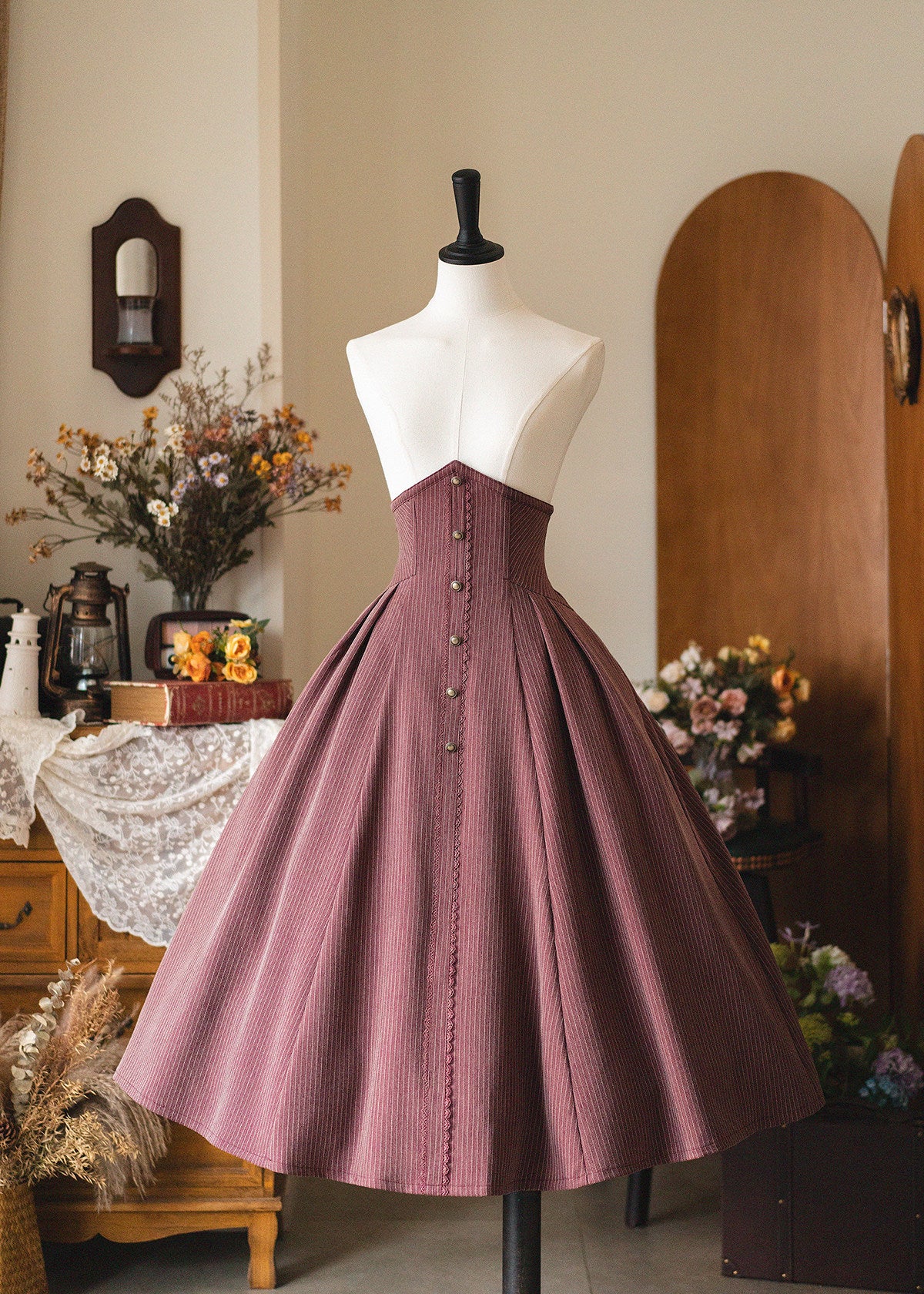 Vintage Pinstripe Button-Front Midi Skirt FOR0071